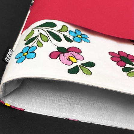 Kalocsai textil könyvtok, zsebbel - Pamut könyvvédő - Tablet tok - iPad tok - E-book olvasó