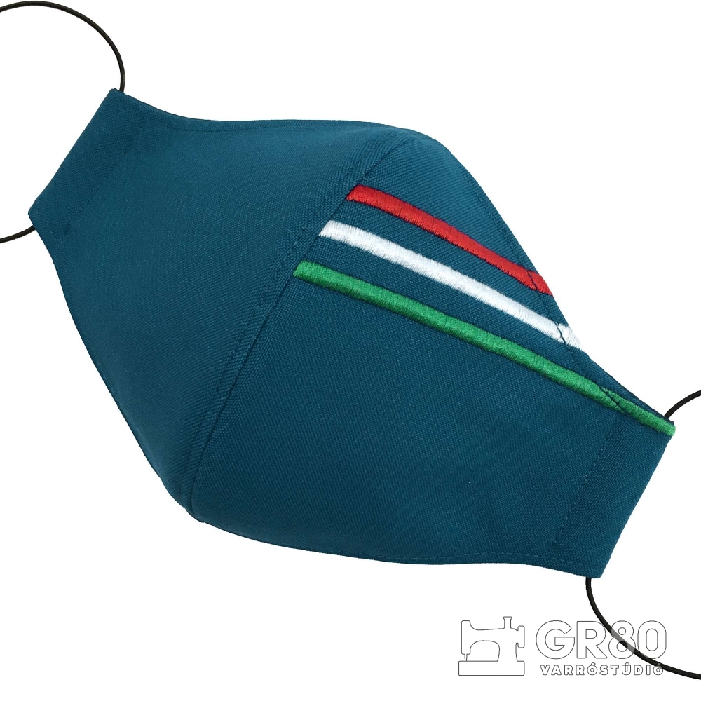 Magyar zászlós maszk. Hímzett trikolor, PP szűrő, orrklipsz. Petrolkék színű